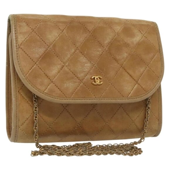 CHANEL Matelasse Chain Shoulder Bag Lamb Skin Beige Gold CC Auth BA4939 - Picture 1 of 16